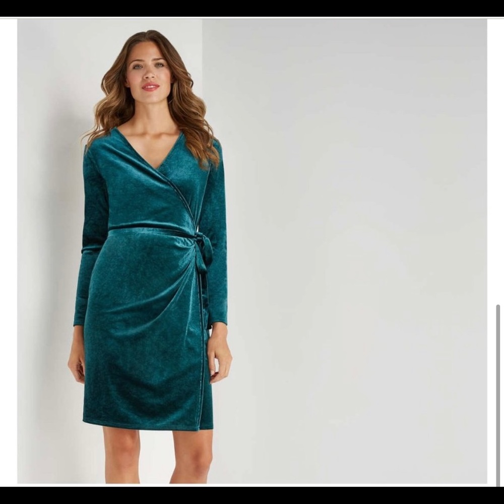 Teal green velvet wrap dress with long sleeves